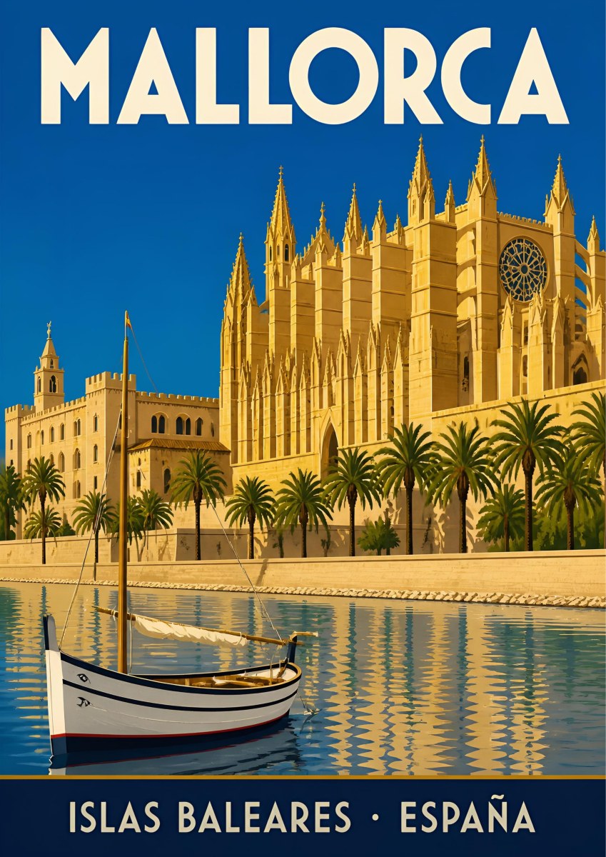 La Seu — Mallorca art print: palma's golden gothic cathedral above the harbour with a white llaüt boat and palms, deep blue sky