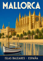 La Seu — Mallorca art print: palma's golden gothic cathedral above the harbour with a white llaüt boat and palms, deep blue sky