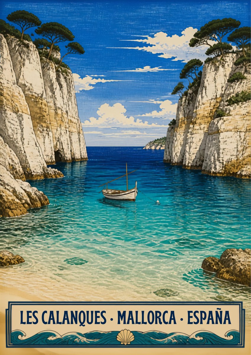 Les Calanques — Mallorca art print: a turquoise cove between white limestone cliffs with pines, a single sailing boat on clear water