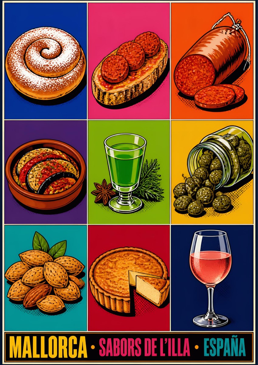 Sabors de l'Illa — Mallorca art print: nine bright panels of Mallorcan foods - ensaïmada, sobrassada, tumbet, hierbas, olives, almonds, gató, rosé