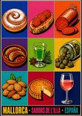 Sabors de l'Illa — Mallorca art print: nine bright panels of Mallorcan foods - ensaïmada, sobrassada, tumbet, hierbas, olives, almonds, gató, rosé