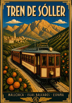 Tren de Sóller — Mallorca art print: the vintage wooden Sóller train curving through orange groves below the golden Tramuntana mountains
