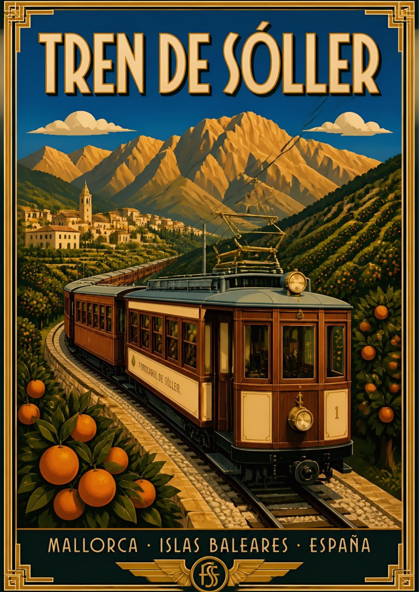 Tren de Sóller — Mallorca art print: the vintage wooden Sóller train curving through orange groves below the golden Tramuntana mountains