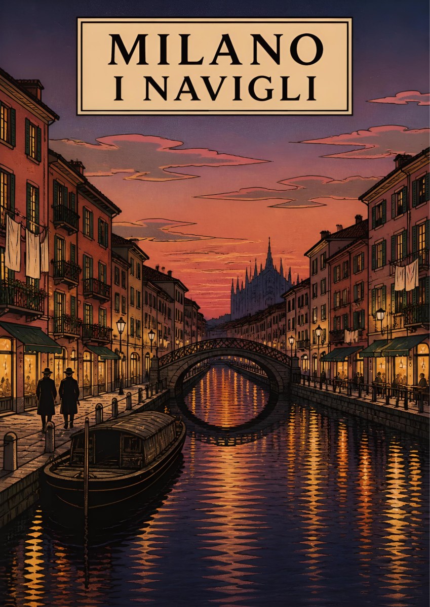 I Navigli — Milan art print: the Navigli canal at dusk with a moored barge, arched footbridge and lamplit reflections; crimson sky and warm gold water