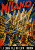 La Città Del Futuro — Milan art print: futurist collage of a speeding tram, marching commuters and shattered Duomo spires in red, blue, gold and steel grey