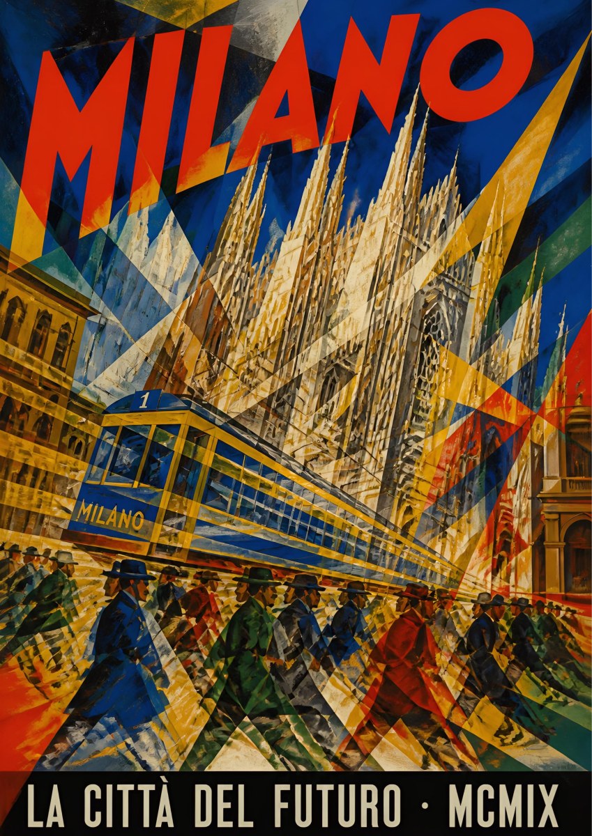 La Città Del Futuro — Milan art print: futurist collage of a speeding tram, marching commuters and shattered Duomo spires in red, blue, gold and steel grey