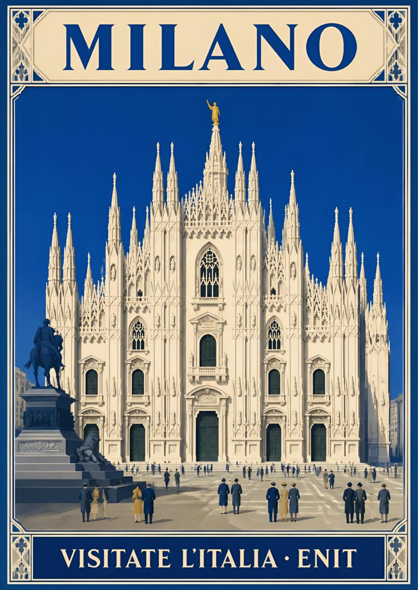 Le Guglie — Milan art print: the white marble spires and facade of the Duomo di Milano on a deep cobalt ground, with crowds and the Vittorio Emanuele statue