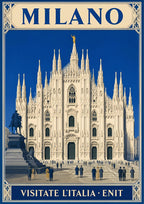 Le Guglie — Milan art print: the white marble spires and facade of the Duomo di Milano on a deep cobalt ground, with crowds and the Vittorio Emanuele statue