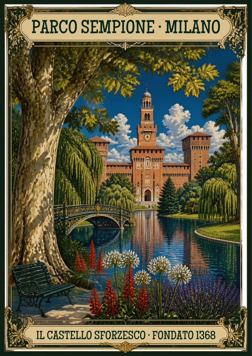 Parco Sempione — Milan art print: the Castello Sforzesco seen across the park lake with a plane tree, footbridge and flowerbeds; lush greens and warm brick