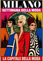 Settimana Della Moda — Milan art print: pop-art fashion week trio of models in mod outfits before a stained-glass rose window; magenta, red, blue and yellow blocks