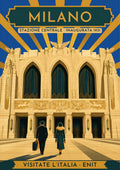 Stazione Centrale — Milan art print: the art deco facade of Milano Centrale with winged horse reliefs and a 1930s travelling couple; cream stone and gold rays