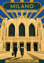 Stazione Centrale — Milan art print: the art deco facade of Milano Centrale with winged horse reliefs and a 1930s travelling couple; cream stone and gold rays