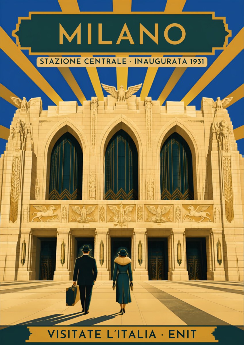 Stazione Centrale — Milan art print: the art deco facade of Milano Centrale with winged horse reliefs and a 1930s travelling couple; cream stone and gold rays