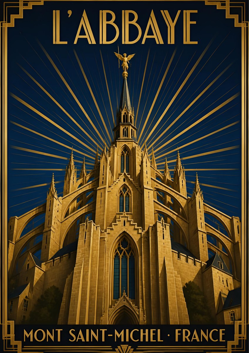 L'Abbaye — Mont-Saint-Michel art print: the abbey's gothic flying buttresses and spire in gold on midnight blue with a radiating sunburst