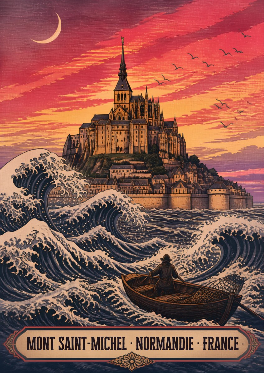 La Grande Vague — Mont-Saint-Michel art print: hokusai-style breaking waves around the mount at sunset, a lone fisherman in a boat, crimson sky