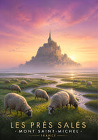 Les Prés Salés — Mont-Saint-Michel art print: sheep grazing the salt marshes at dawn, winding creek, the mount in soft lilac and gold mist