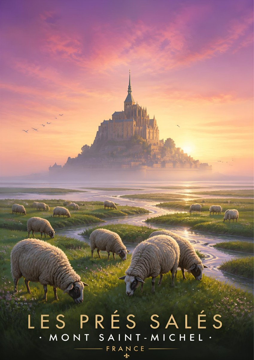 Les Prés Salés — Mont-Saint-Michel art print: sheep grazing the salt marshes at dawn, winding creek, the mount in soft lilac and gold mist