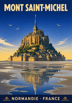 Marée Basse — Mont-Saint-Michel art print: the abbey island mirrored in the wet tidal flats at low tide, deep blue sky and gulls
