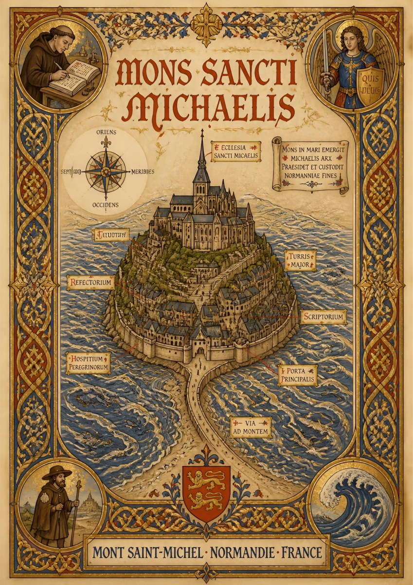 Mons Sancti Michaelis — Mont-Saint-Michel art print: medieval illuminated map of the mount with Latin labels, compass rose and ornate blue and gold border