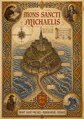 Mons Sancti Michaelis — Mont-Saint-Michel art print: medieval illuminated map of the mount with Latin labels, compass rose and ornate blue and gold border