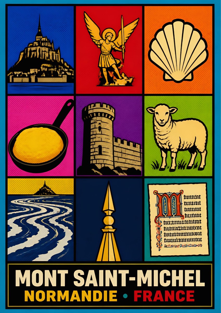 Trésors Normands — Mont-Saint-Michel art print: nine bright icon panels - the mount, Saint Michael, scallop shell, omelette pan, rampart tower, sheep, tides, spire, manuscript