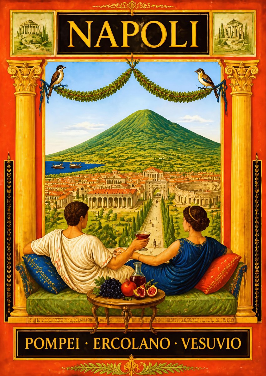 All'Ombra Del Vesuvio — Napoli art print: a Roman couple reclining with wine above Pompeii and Herculaneum, green Vesuvius behind; warm reds, gold columns and greens