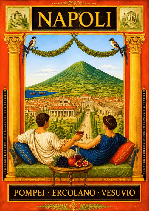All'Ombra Del Vesuvio — Napoli art print: a Roman couple reclining with wine above Pompeii and Herculaneum, green Vesuvius behind; warm reds, gold columns and greens