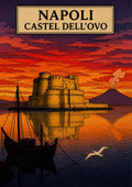 Castel Dell'Ovo — Napoli art print: castel dell'Ovo silhouetted at sunset with moored sailing boats and Vesuvius; fiery red, orange and deep purple sky