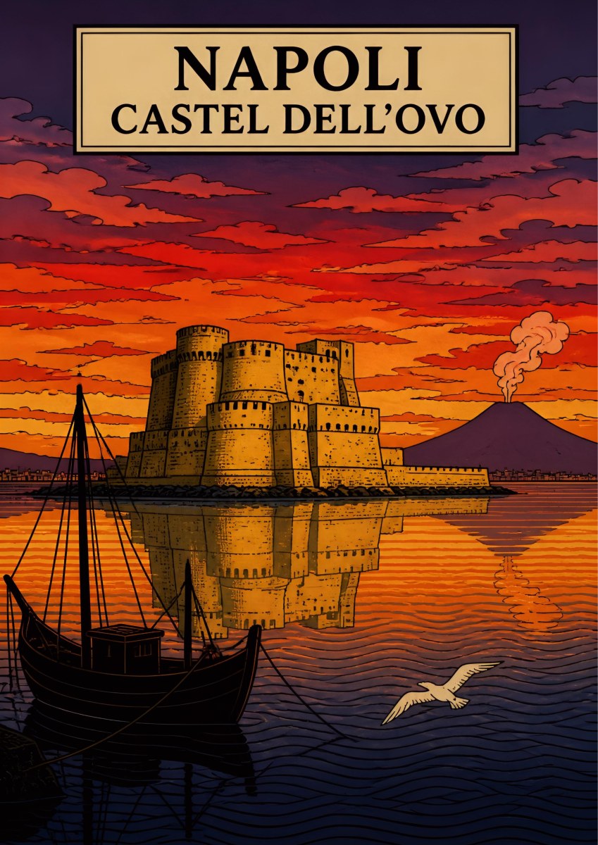 Castel Dell'Ovo — Napoli art print: castel dell'Ovo silhouetted at sunset with moored sailing boats and Vesuvius; fiery red, orange and deep purple sky