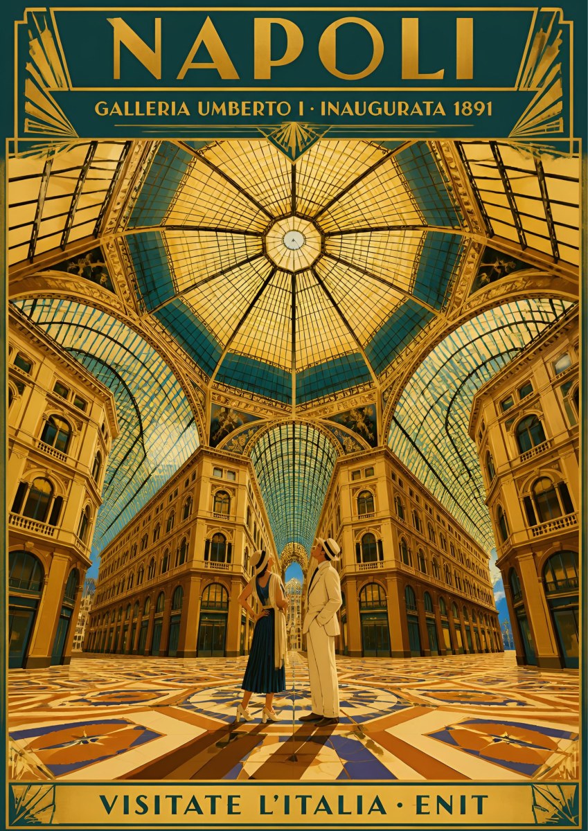 Galleria Umberto I — Napoli art print: the glass and iron dome of Galleria Umberto I from below with a 1930s couple on the mosaic floor; golden ochre and teal