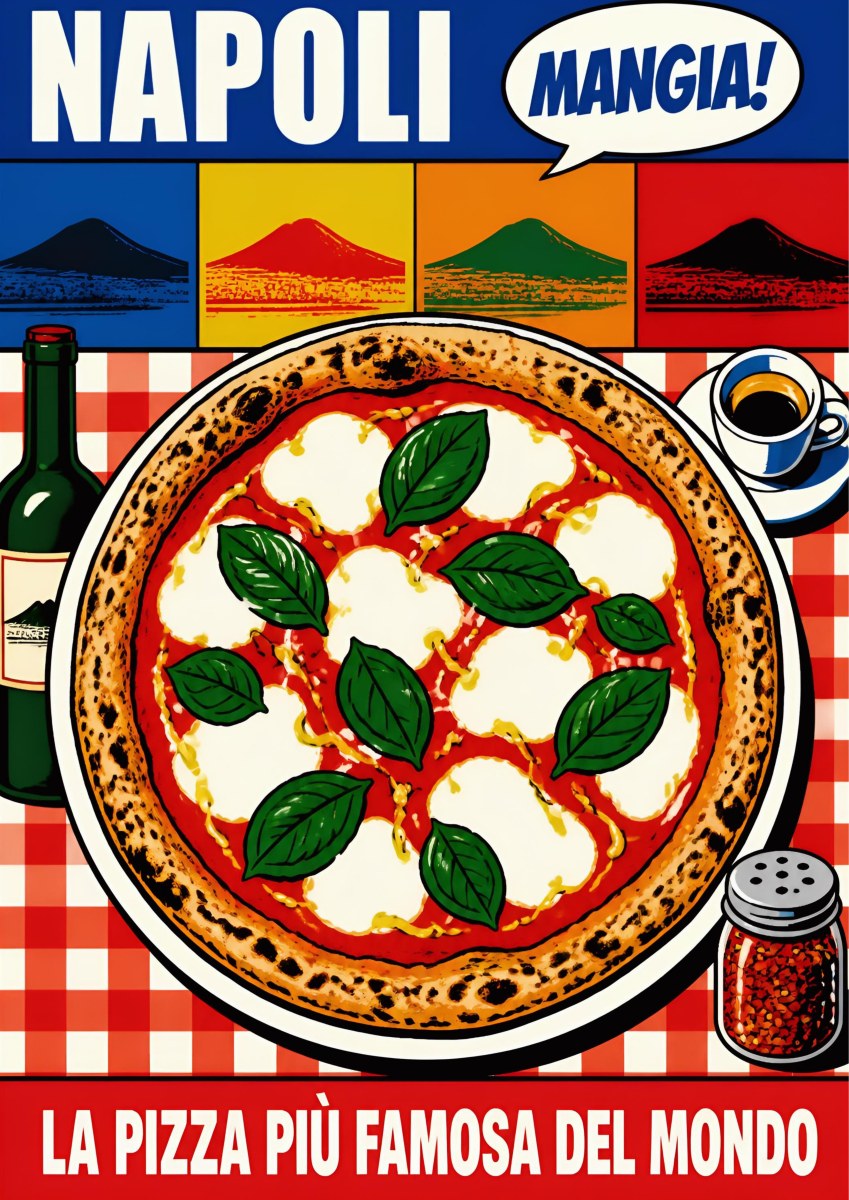 Mangia! — Napoli art print: pop-art Neapolitan pizza margherita on a red gingham cloth with wine, espresso and chilli flakes, Vesuvius panels above