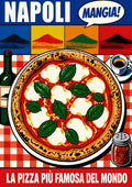 Mangia! — Napoli art print: pop-art Neapolitan pizza margherita on a red gingham cloth with wine, espresso and chilli flakes, Vesuvius panels above