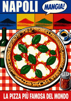 Mangia! — Napoli art print: pop-art Neapolitan pizza margherita on a red gingham cloth with wine, espresso and chilli flakes, Vesuvius panels above
