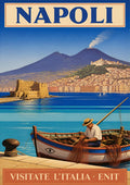 Pescatore Del Golfo — Napoli art print: a fisherman mending nets in a wooden boat on the bay, Castel dell'Ovo and a smoking Vesuvius beyond; vivid blues and cream