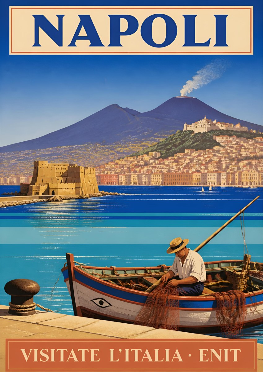 Pescatore Del Golfo — Napoli art print: a fisherman mending nets in a wooden boat on the bay, Castel dell'Ovo and a smoking Vesuvius beyond; vivid blues and cream