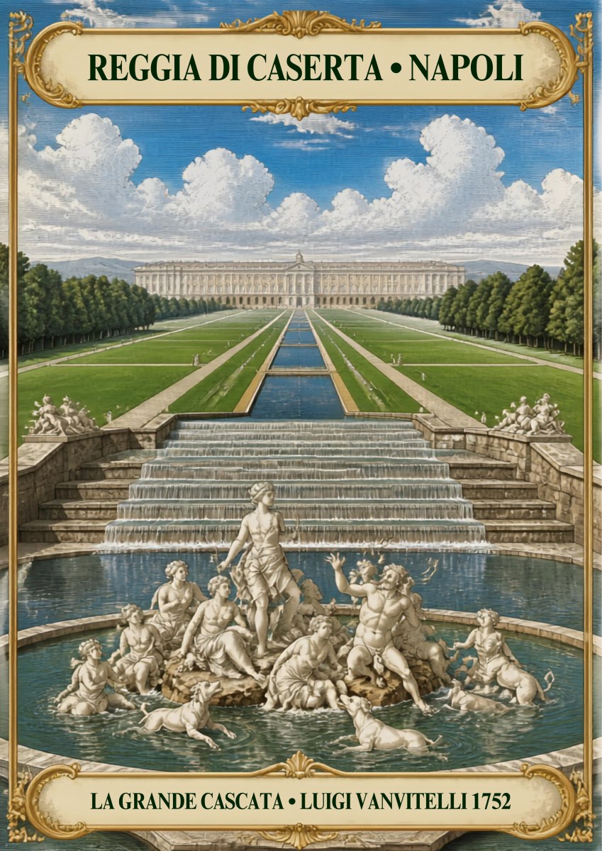 Reggia Di Caserta — Napoli art print: the Caserta palace cascade and long canal with the Diana fountain sculptures; green lawns, blue sky and white marble