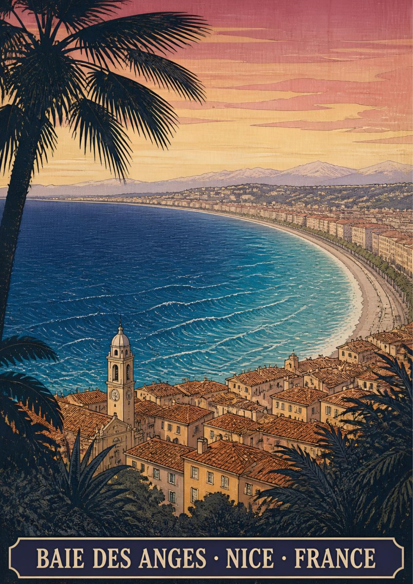 Baie des Anges — Nice art print: the sweeping Bay of Angels at dusk from the hill, terracotta old-town roofs, palms, deep blue sea and pink sky