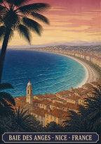 Baie des Anges — Nice art print: the sweeping Bay of Angels at dusk from the hill, terracotta old-town roofs, palms, deep blue sea and pink sky