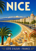 Côte d'Azur — Nice art print: two 1930s bathers above the Promenade des Anglais, turquoise bay, palms and snow-capped Alps beyond