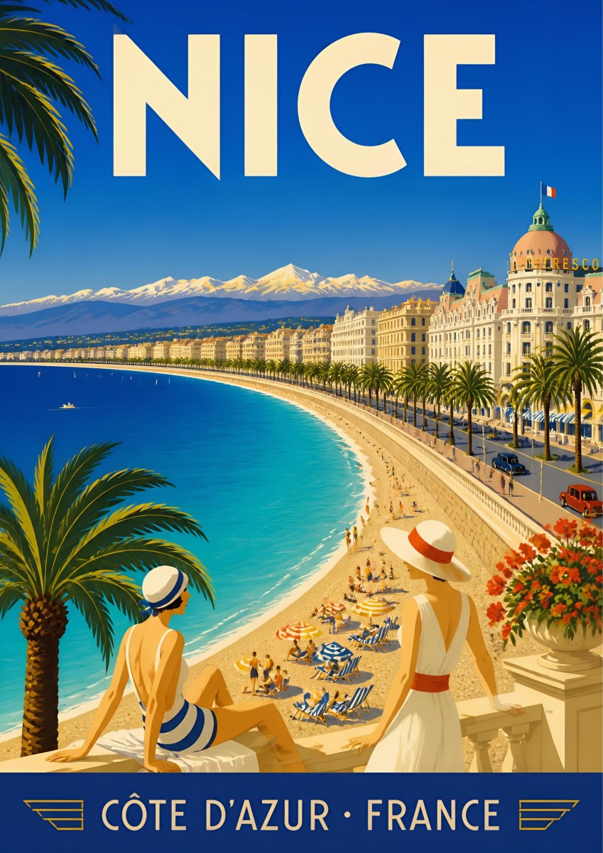 Côte d'Azur — Nice art print: two 1930s bathers above the Promenade des Anglais, turquoise bay, palms and snow-capped Alps beyond