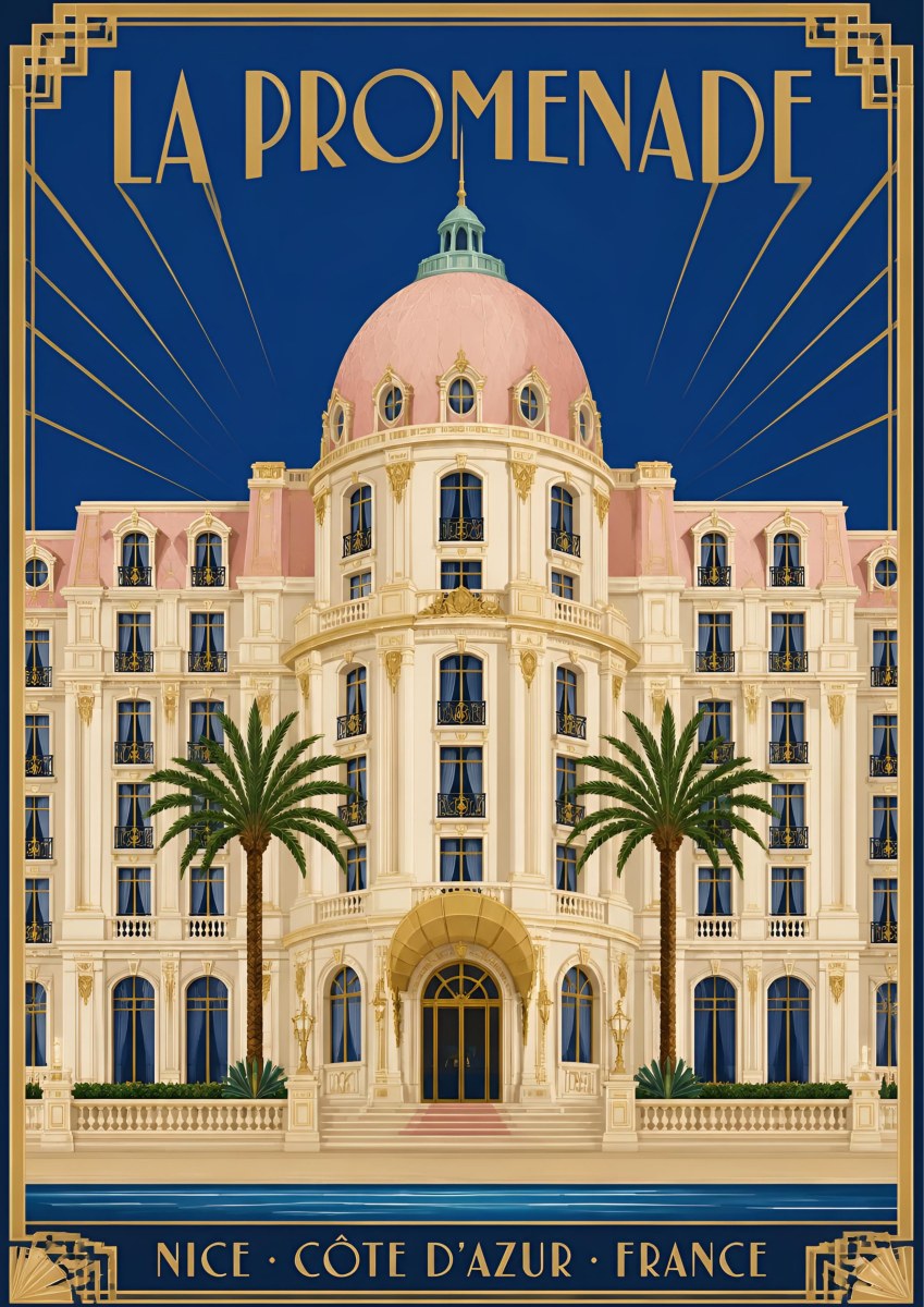 La Promenade — Nice art print: the pink-domed Hôtel Negresco facade flanked by palms, art deco gold frame on navy