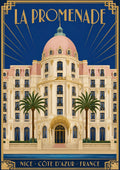 La Promenade — Nice art print: the pink-domed Hôtel Negresco facade flanked by palms, art deco gold frame on navy