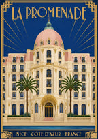 La Promenade — Nice art print: the pink-domed Hôtel Negresco facade flanked by palms, art deco gold frame on navy