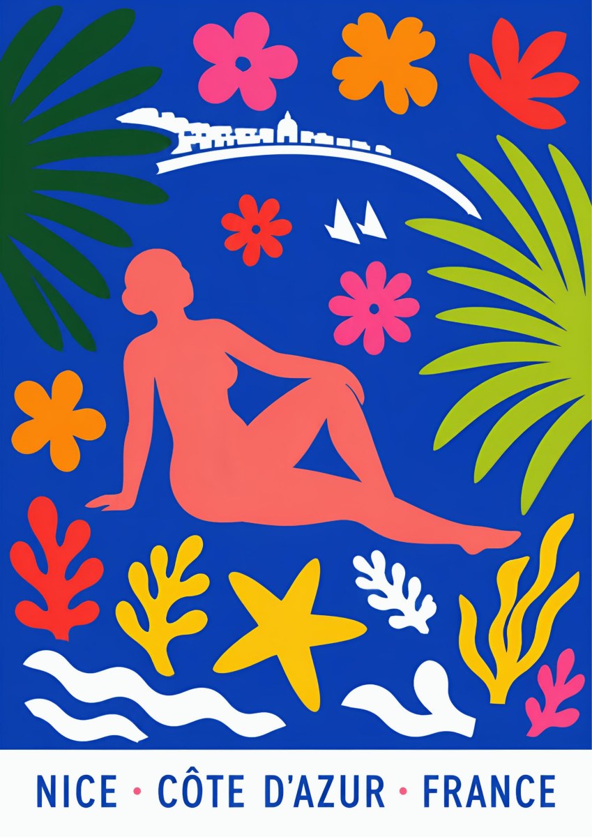 Papiers Découpés — Nice art print: matisse-style cut-paper collage on cobalt blue - a coral reclining figure, green palm fronds, flowers and starfish