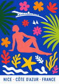 Papiers Découpés — Nice art print: matisse-style cut-paper collage on cobalt blue - a coral reclining figure, green palm fronds, flowers and starfish