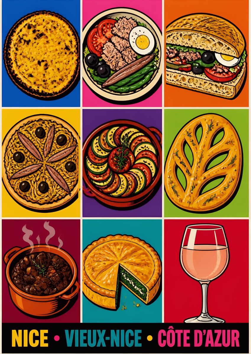 Vieux-Nice — Nice art print: nine pop-art panels of Niçois dishes - socca, salade niçoise, pan bagnat, pissaladière, ratatouille, fougasse, rosé