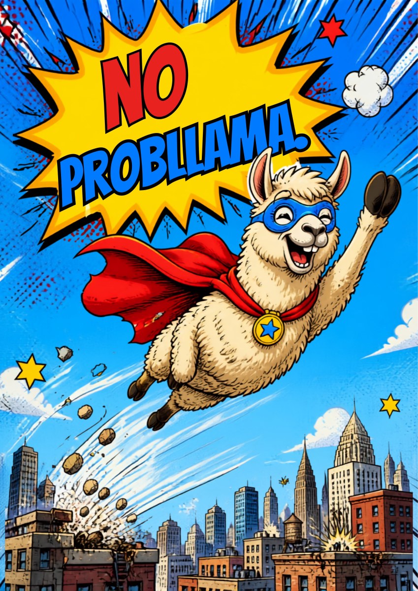 Caped Camelid — No Probllama art print: a comic-book panel of a grinning llama superhero in a blue mask and red cape bursting upward through a brick city skyline, with a yellow starburst holding NO PROBLLAMA. against a bright blue sky