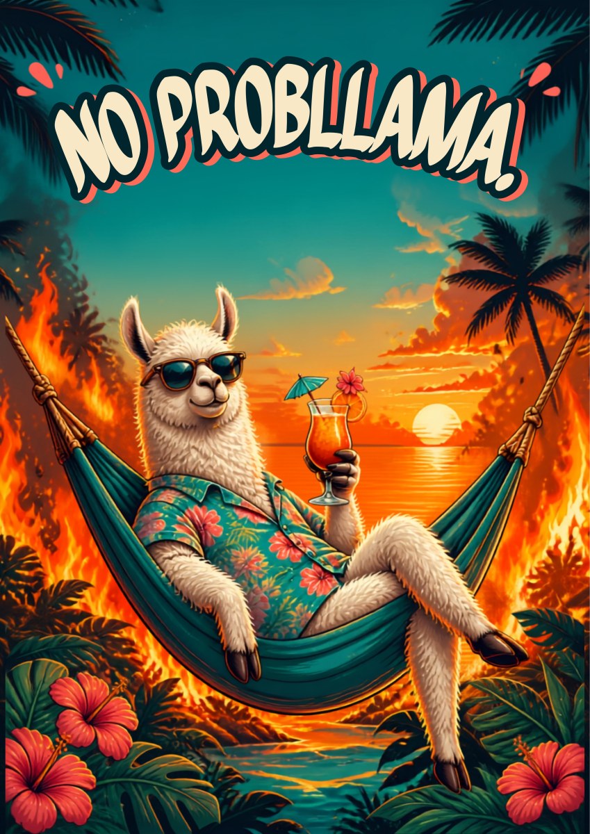 Island Time — No Probllama art print: a sunglasses-wearing llama in a Hawaiian shirt lounging in a teal hammock with a cocktail at tropical sunset, while the jungle and palms behind it blaze with orange flames; hand-lettered NO PROBLLAMA. across the top