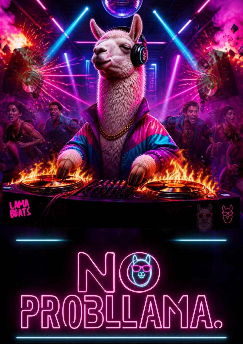 Lama Beats — No Probllama art print: a llama DJ in headphones and a shiny jacket working flaming turntables in a packed neon nightclub, with pink and cyan laser lighting, a disco ball, a LAMA BEATS decal and a glowing neon NO PROBLLAMA. sign below