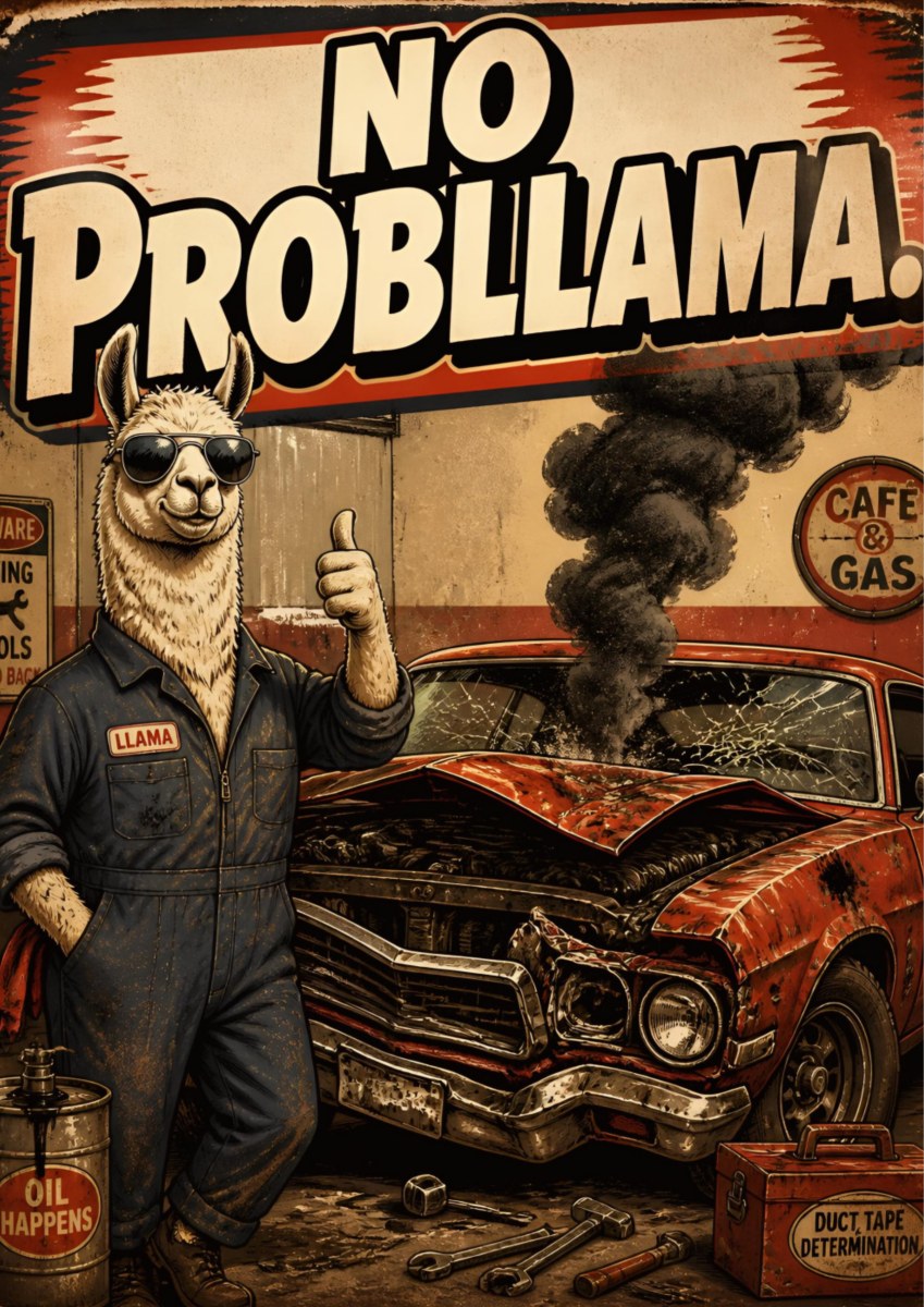 Oil Happens — No Probllama art print: a llama mechanic in oil-stained overalls and sunglasses giving a thumbs-up beside a rusted, smoking wrecked car at a vintage Cafe and Gas garage, with an OIL HAPPENS drum and a DUCT TAPE and DETERMINATION toolbox, under a distressed NO PROBLLAMA. sign